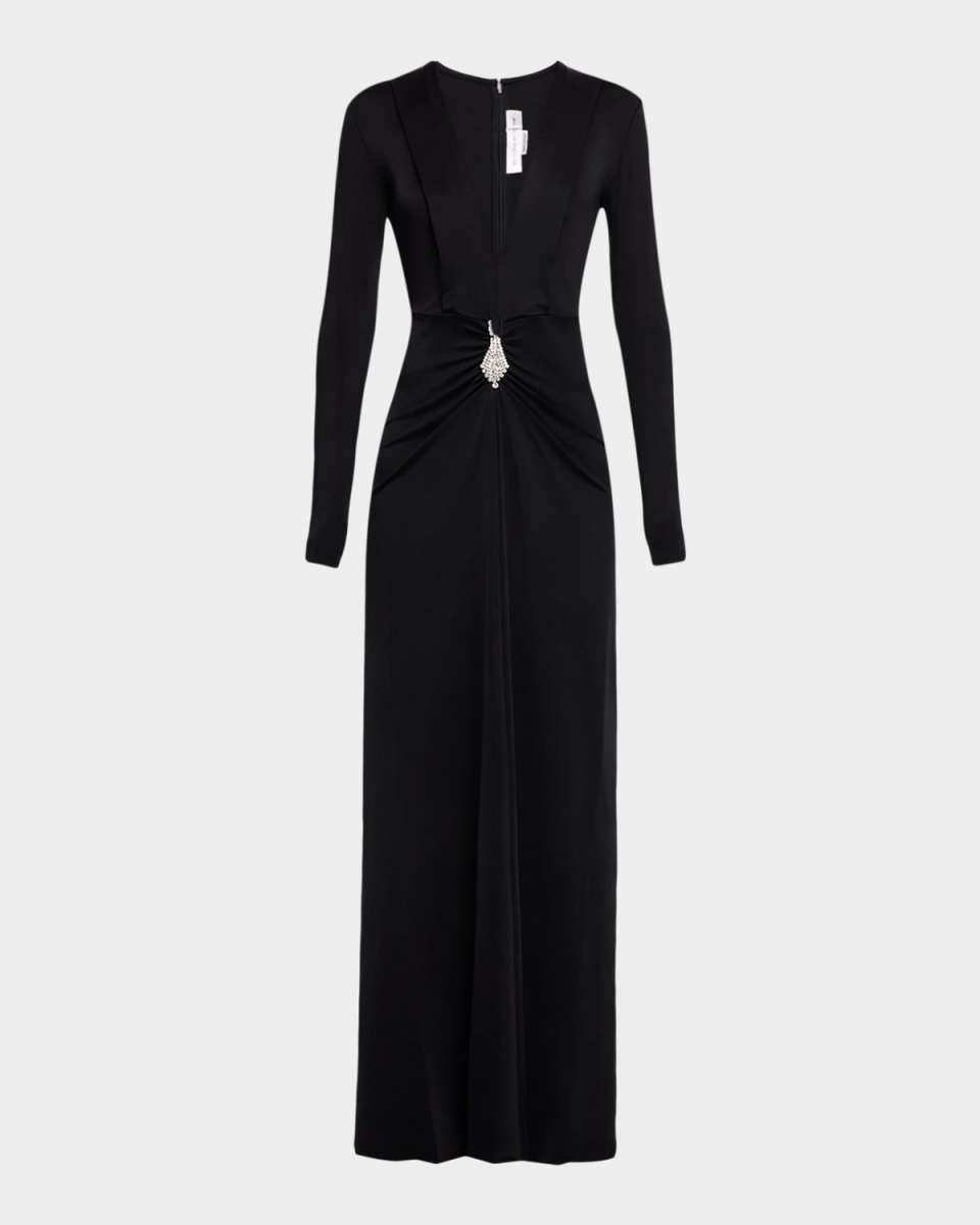 Plunging Gathered Crystal Long-Sleeve Gown
